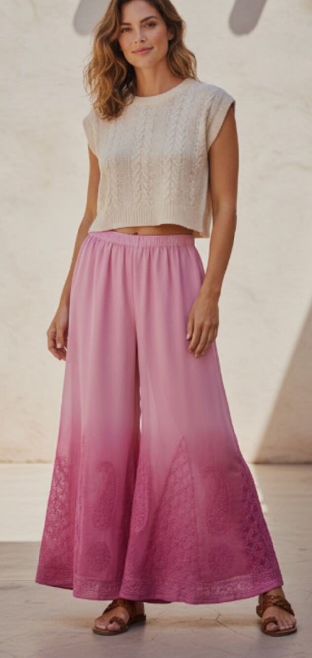 Pink Ombre Sharara Embroidered Wide Leg Pants size Medium